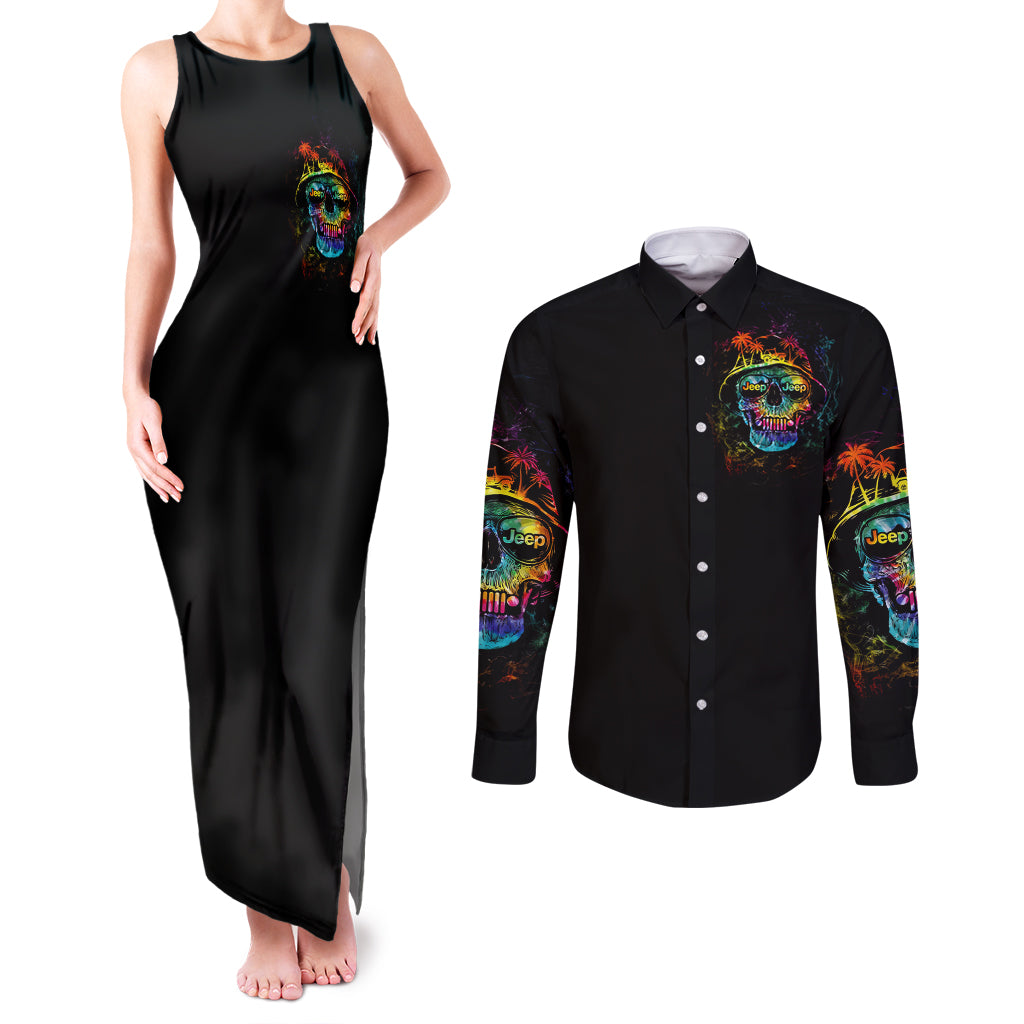skull-jeep-couples-matching-tank-maxi-dress-and-long-sleeve-button-shirt-never-underestimate-an-old-man-with-a-jeep