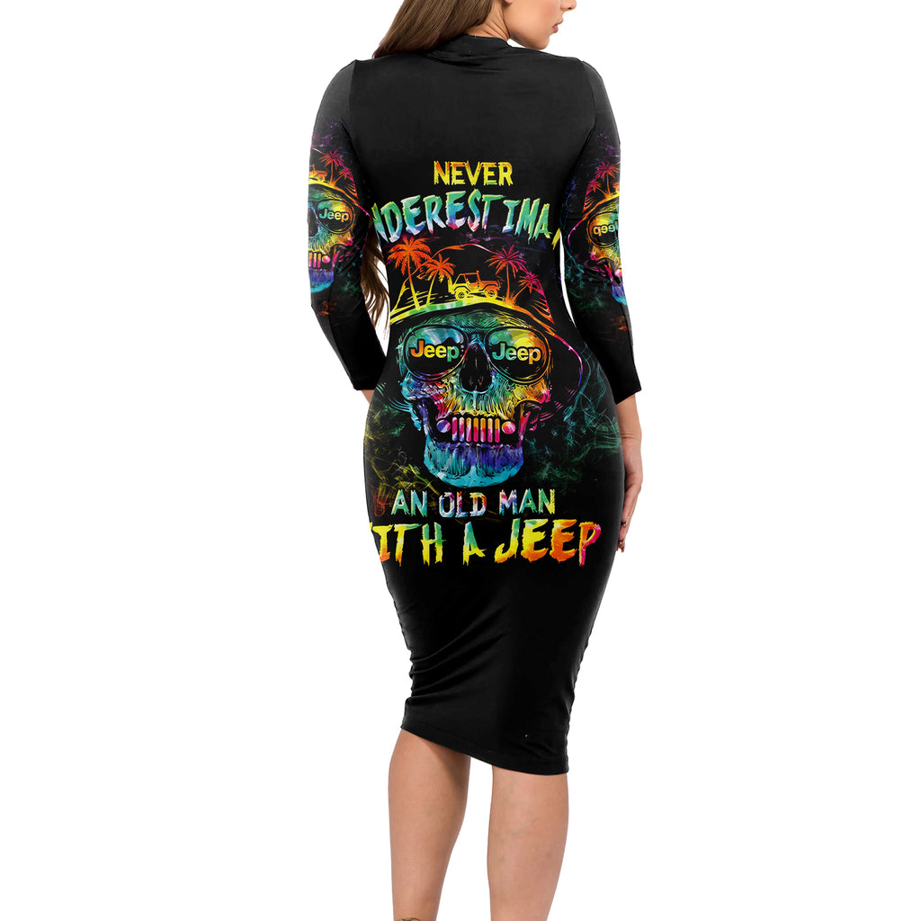 skull-jeep-long-sleeve-bodycon-dress-never-underestimate-an-old-man-with-a-jeep