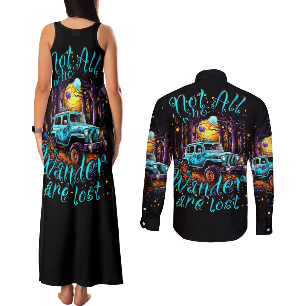 blue-jeep-couples-matching-tank-maxi-dress-and-long-sleeve-button-shirt-not-all-who-wander-are-lost