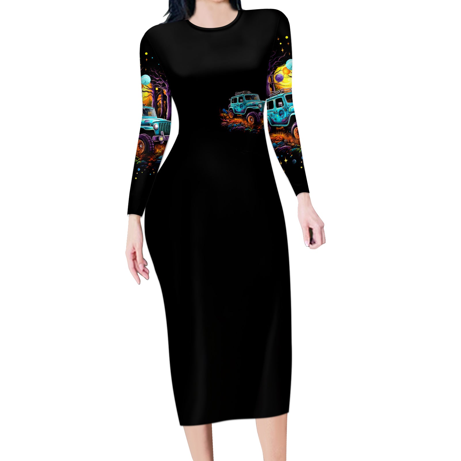 blue-jeep-long-sleeve-bodycon-dress-not-all-who-wander-are-lost