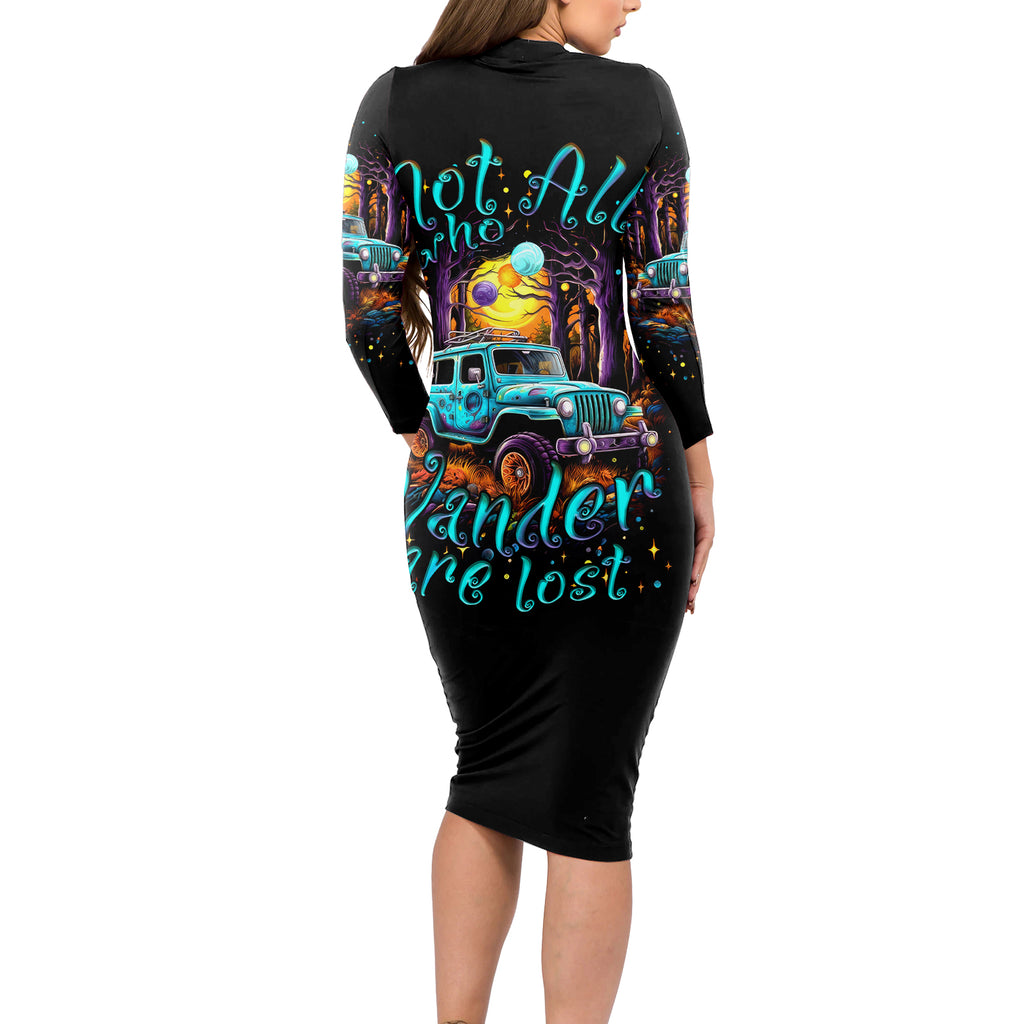 blue-jeep-long-sleeve-bodycon-dress-not-all-who-wander-are-lost