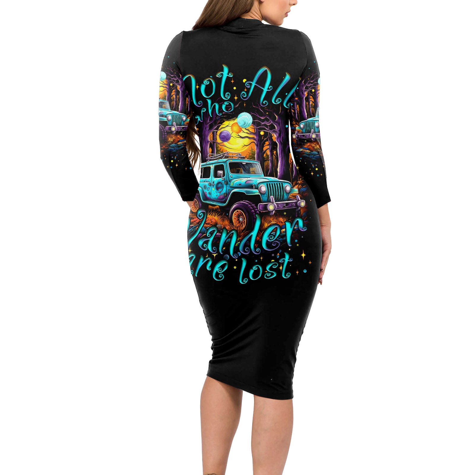 blue-jeep-long-sleeve-bodycon-dress-not-all-who-wander-are-lost