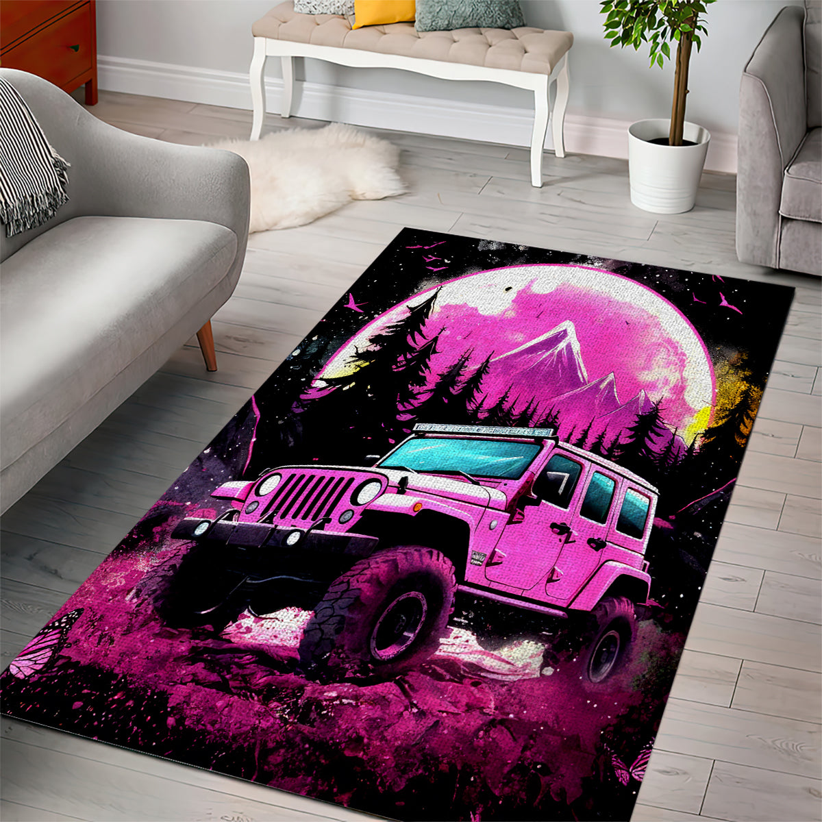 pink-jeep-area-rug-not-all-who-wander-are-lost