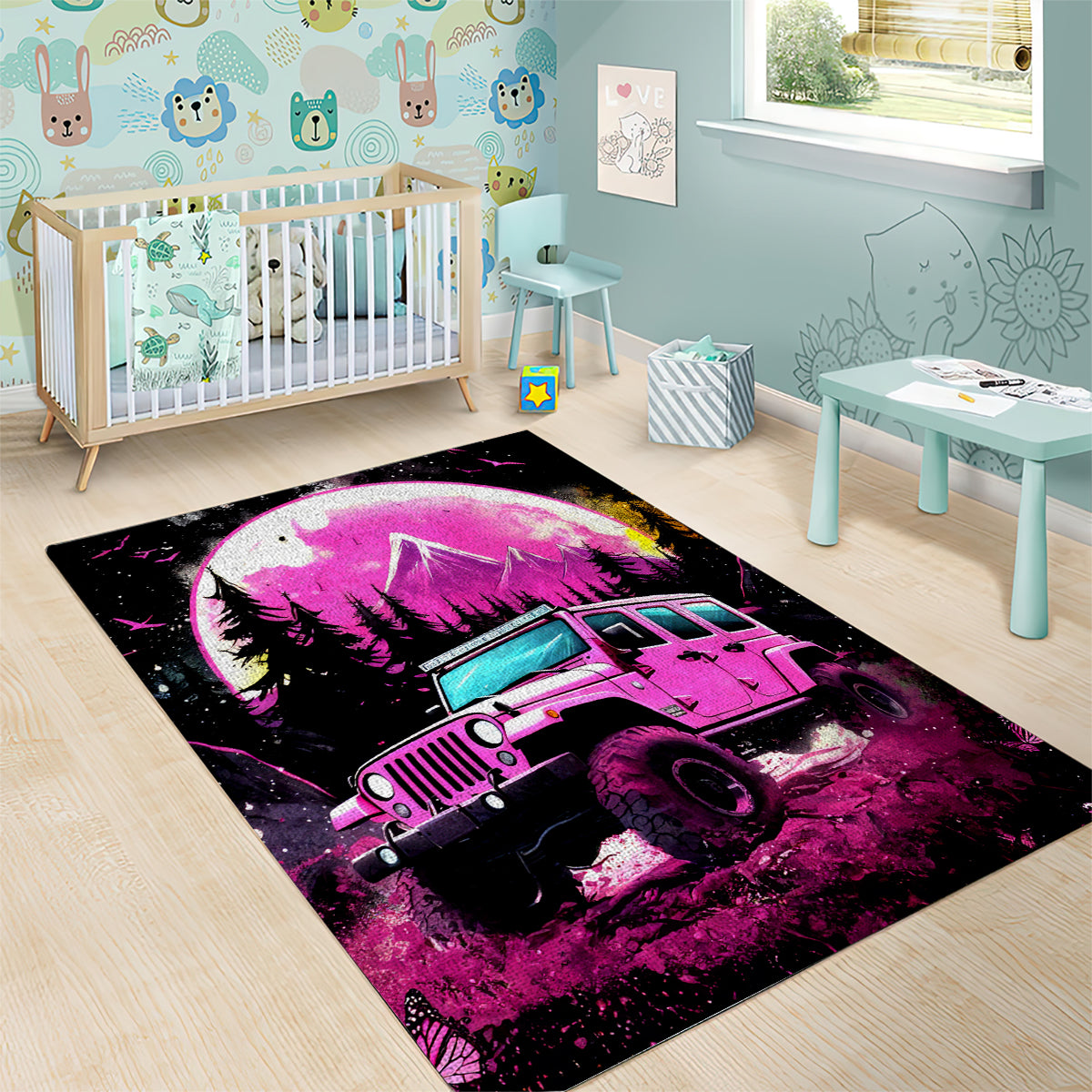 pink-jeep-area-rug-not-all-who-wander-are-lost