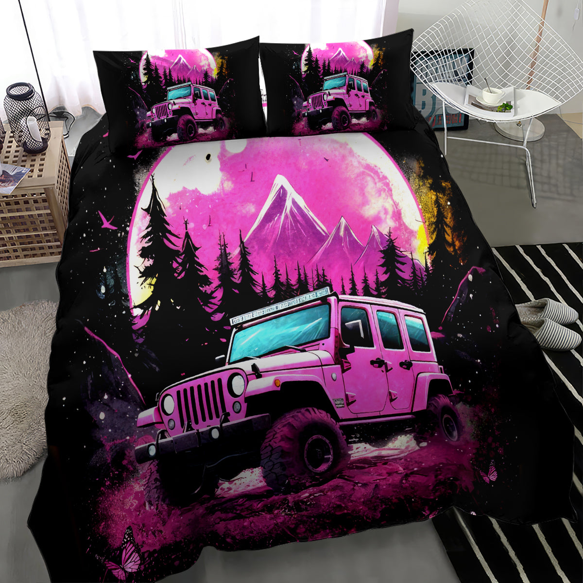 pink-jeep-bedding-set-not-all-who-wander-are-lost
