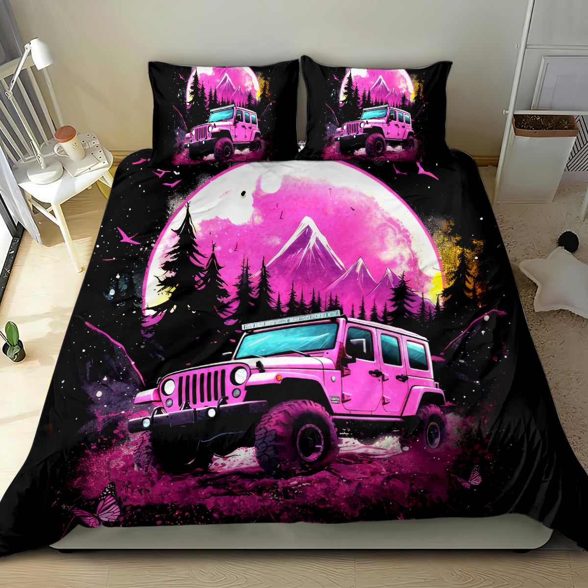 pink-jeep-bedding-set-not-all-who-wander-are-lost