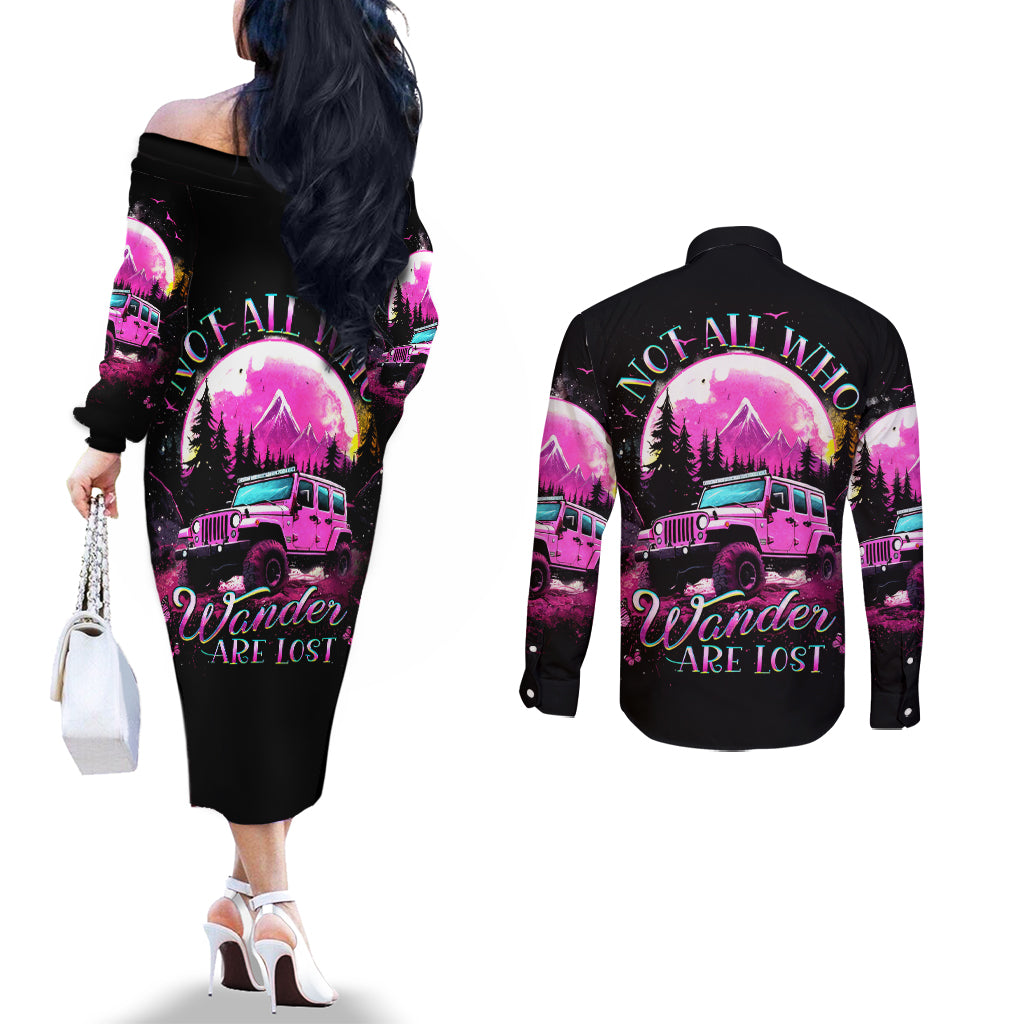 pink-jeep-couples-matching-off-the-shoulder-long-sleeve-dress-and-long-sleeve-button-shirt-not-all-who-wander-are-lost