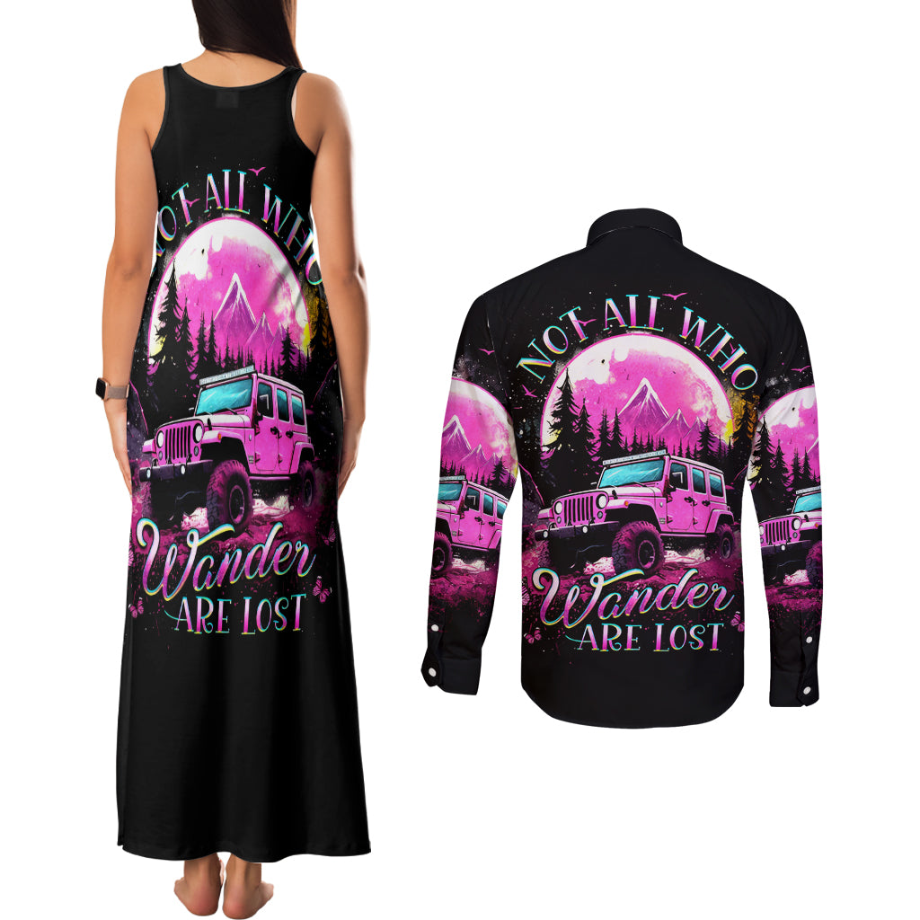 pink-jeep-couples-matching-tank-maxi-dress-and-long-sleeve-button-shirt-not-all-who-wander-are-lost