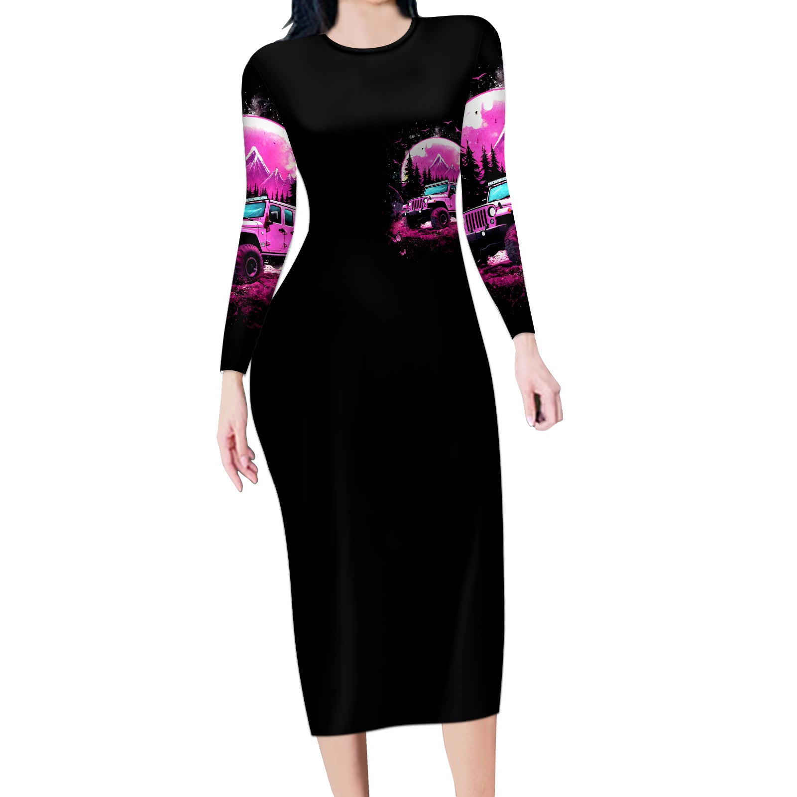pink-jeep-long-sleeve-bodycon-dress-not-all-who-wander-are-lost