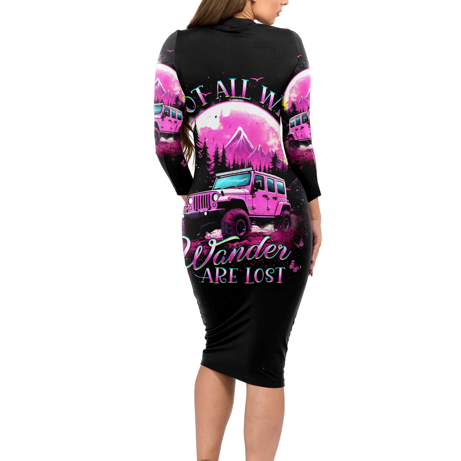 pink-jeep-long-sleeve-bodycon-dress-not-all-who-wander-are-lost