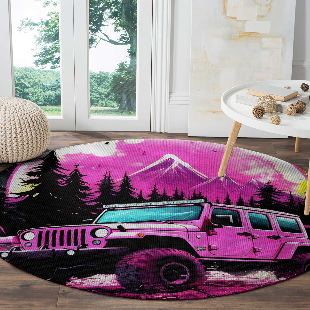 pink-jeep-round-carpet-not-all-who-wander-are-lost