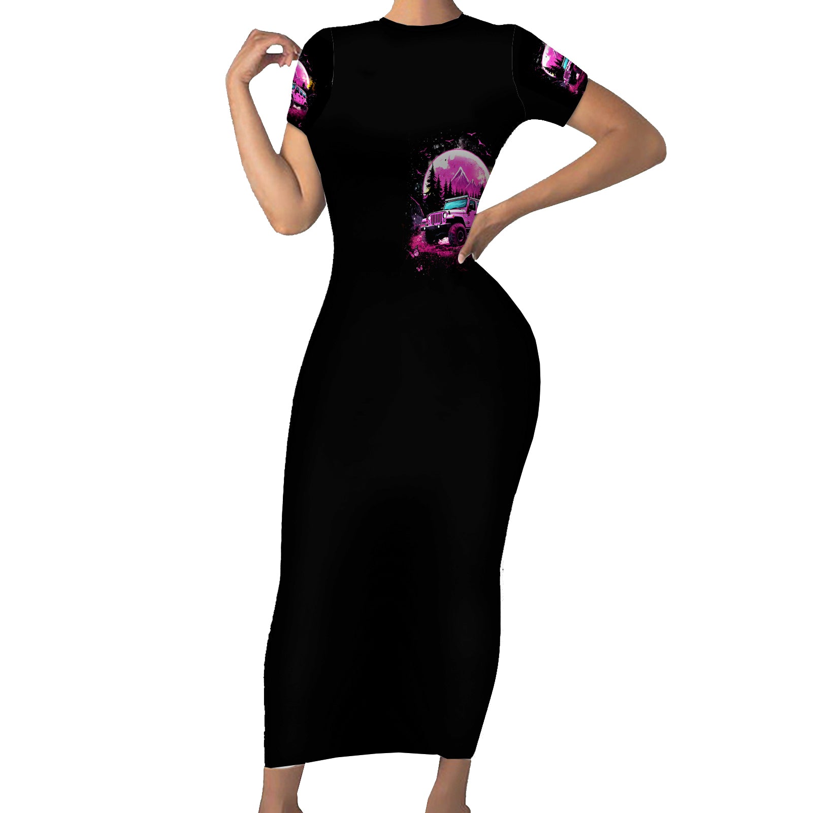 pink-jeep-short-sleeve-bodycon-dress-not-all-who-wander-are-lost