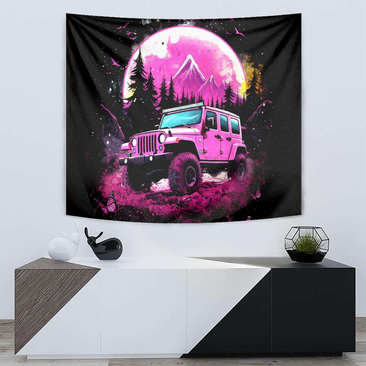 pink-jeep-tapestry-not-all-who-wander-are-lost
