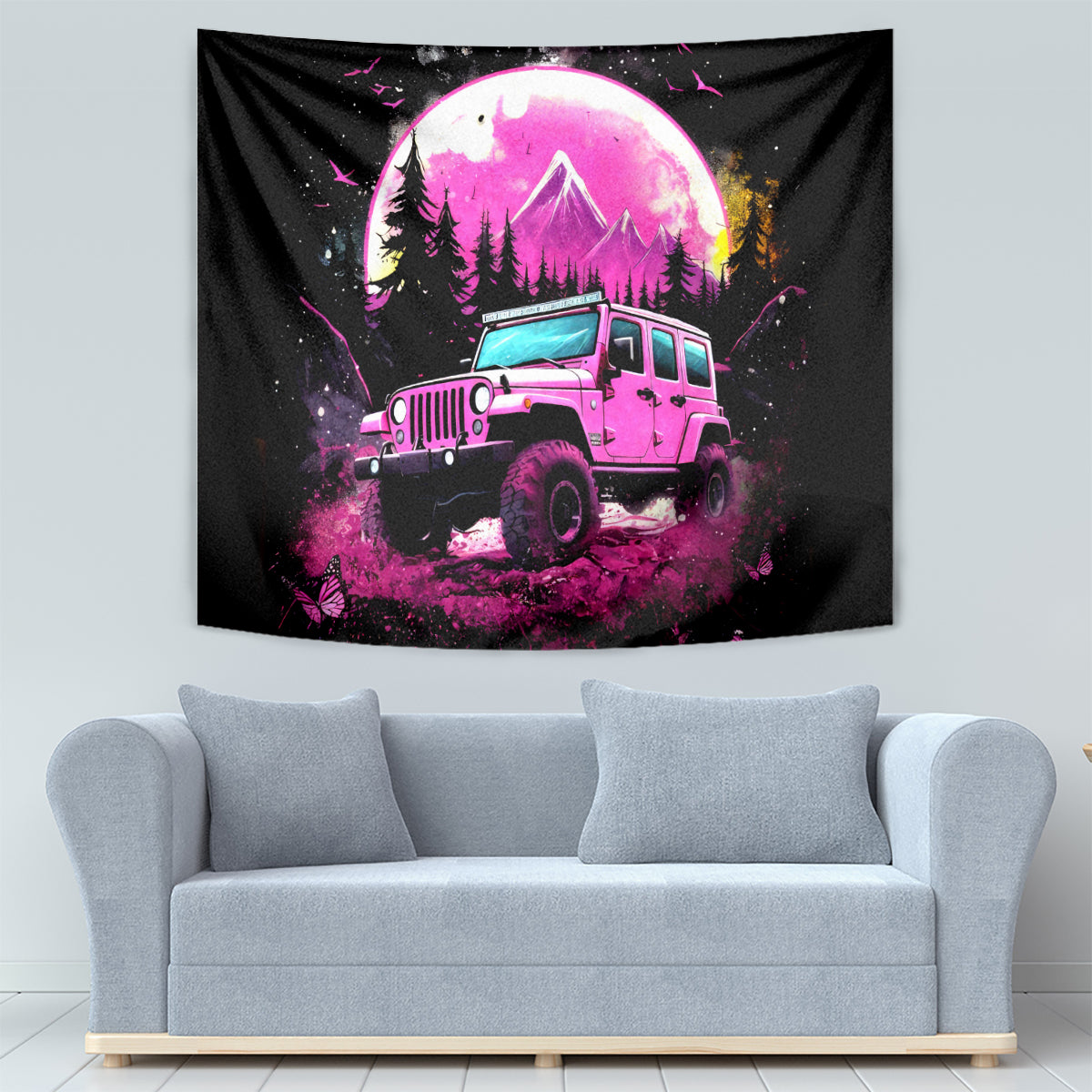 pink-jeep-tapestry-not-all-who-wander-are-lost