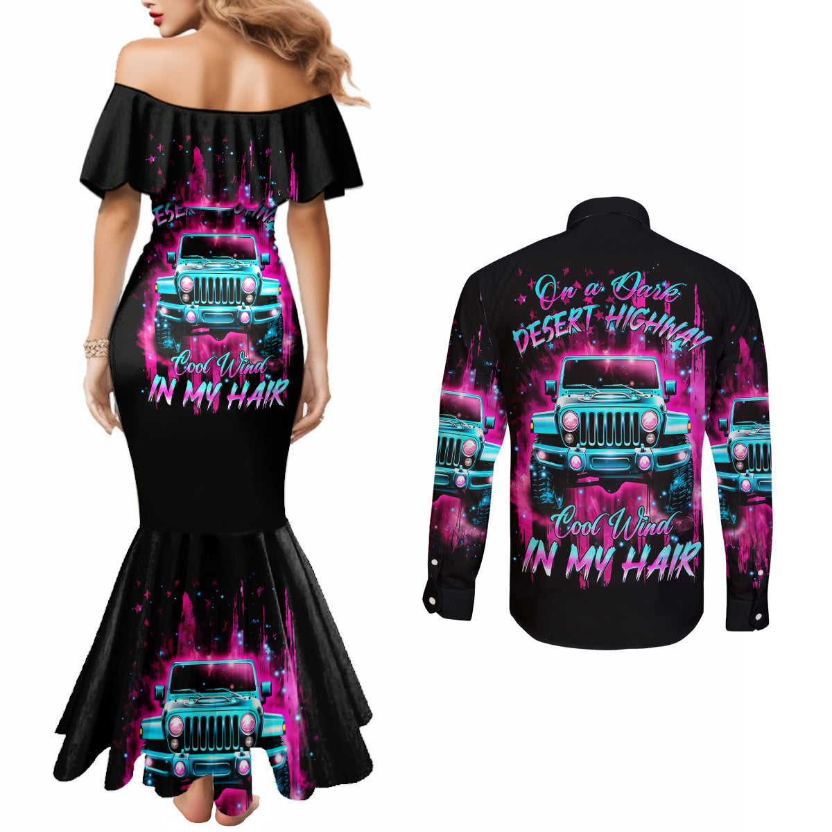 pink-jeep-couples-matching-mermaid-dress-and-long-sleeve-button-shirt-on-the-dark-desert-highway-cool-wind-in-my-hair