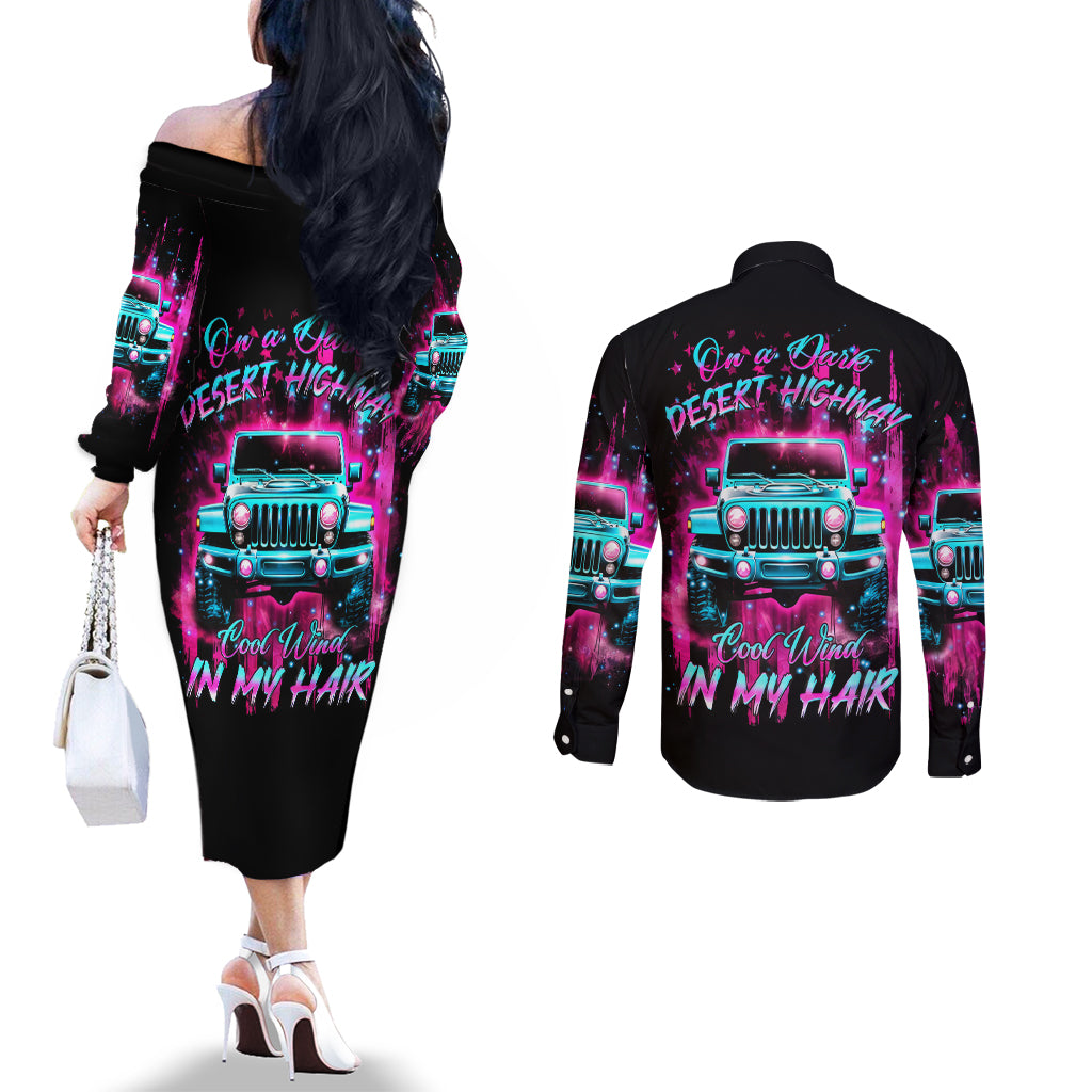 pink-jeep-couples-matching-off-the-shoulder-long-sleeve-dress-and-long-sleeve-button-shirt-on-the-dark-desert-highway-cool-wind-in-my-hair