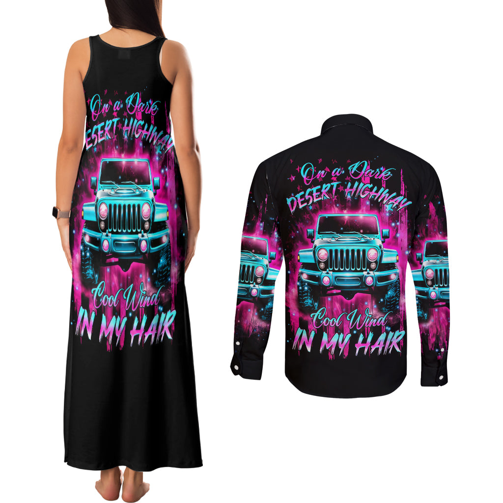 pink-jeep-couples-matching-tank-maxi-dress-and-long-sleeve-button-shirt-on-the-dark-desert-highway-cool-wind-in-my-hair