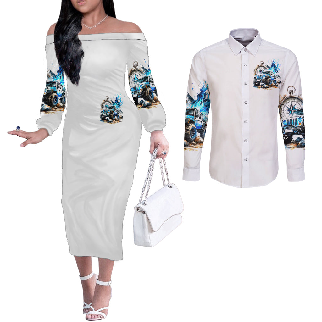 Blue Flame Jeep Couples Matching Off The Shoulder Long Sleeve Dress and Long Sleeve Button Shirt But Did You Die?