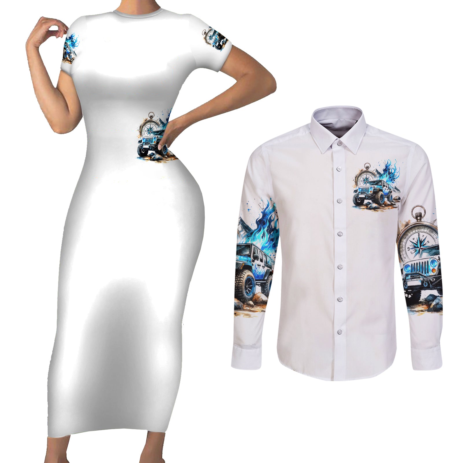Blue Flame Jeep Couples Matching Short Sleeve Bodycon Dress and Long Sleeve Button Shirt But Did You Die?