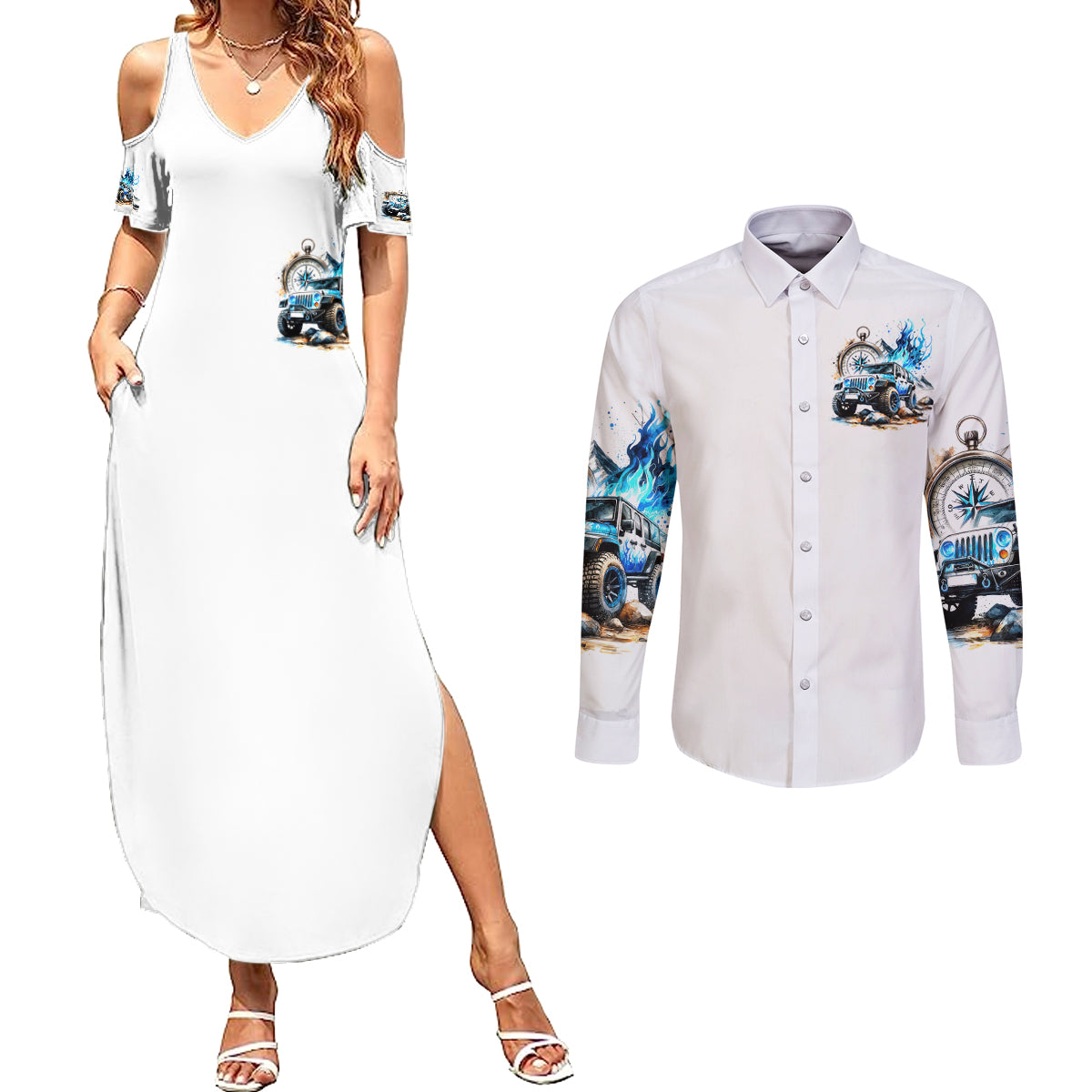 Blue Flame Jeep Couples Matching Summer Maxi Dress and Long Sleeve Button Shirt But Did You Die?