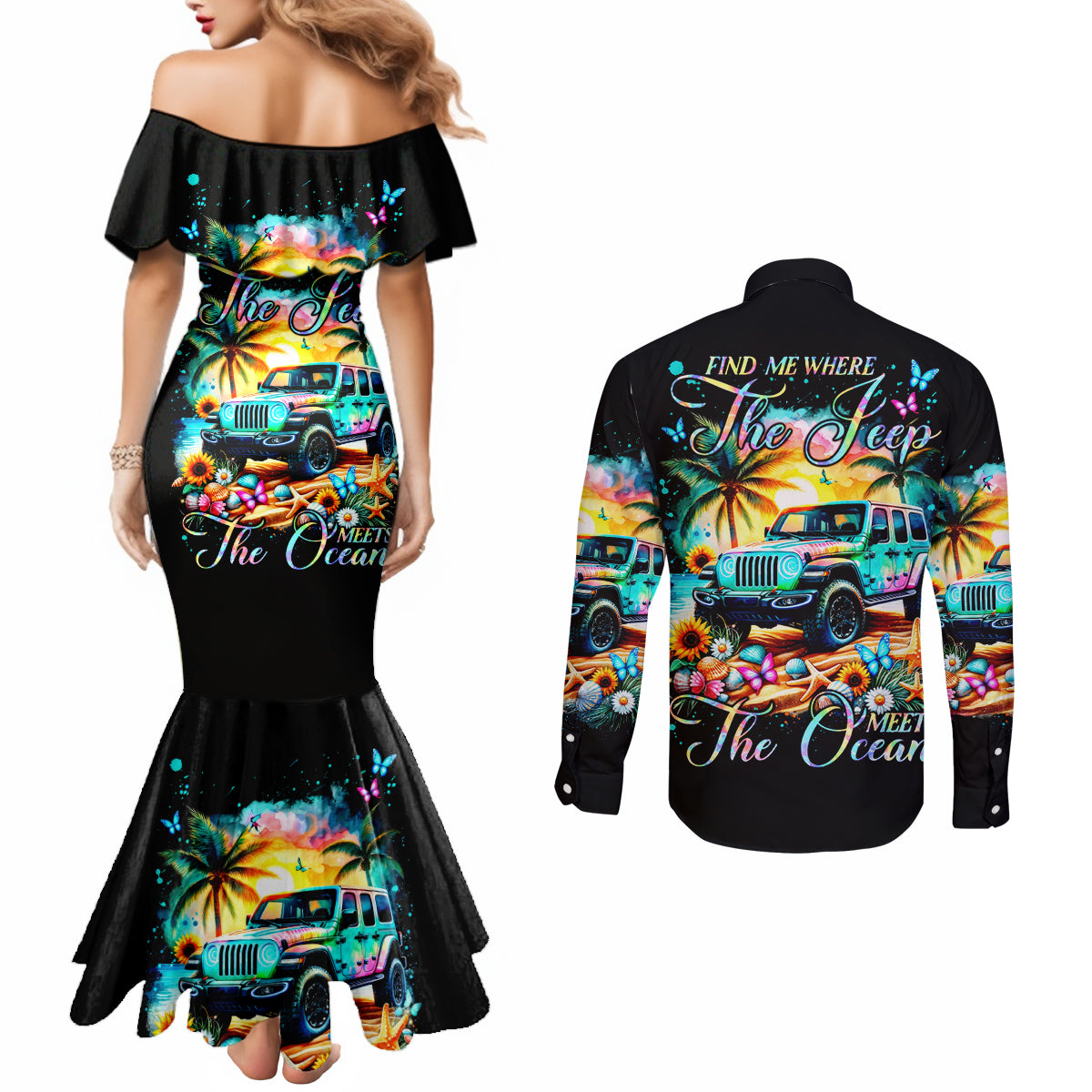 Beach Jeep Couples Matching Mermaid Dress and Long Sleeve Button Shirt Find Me Where The Jeep Meets The Ocean