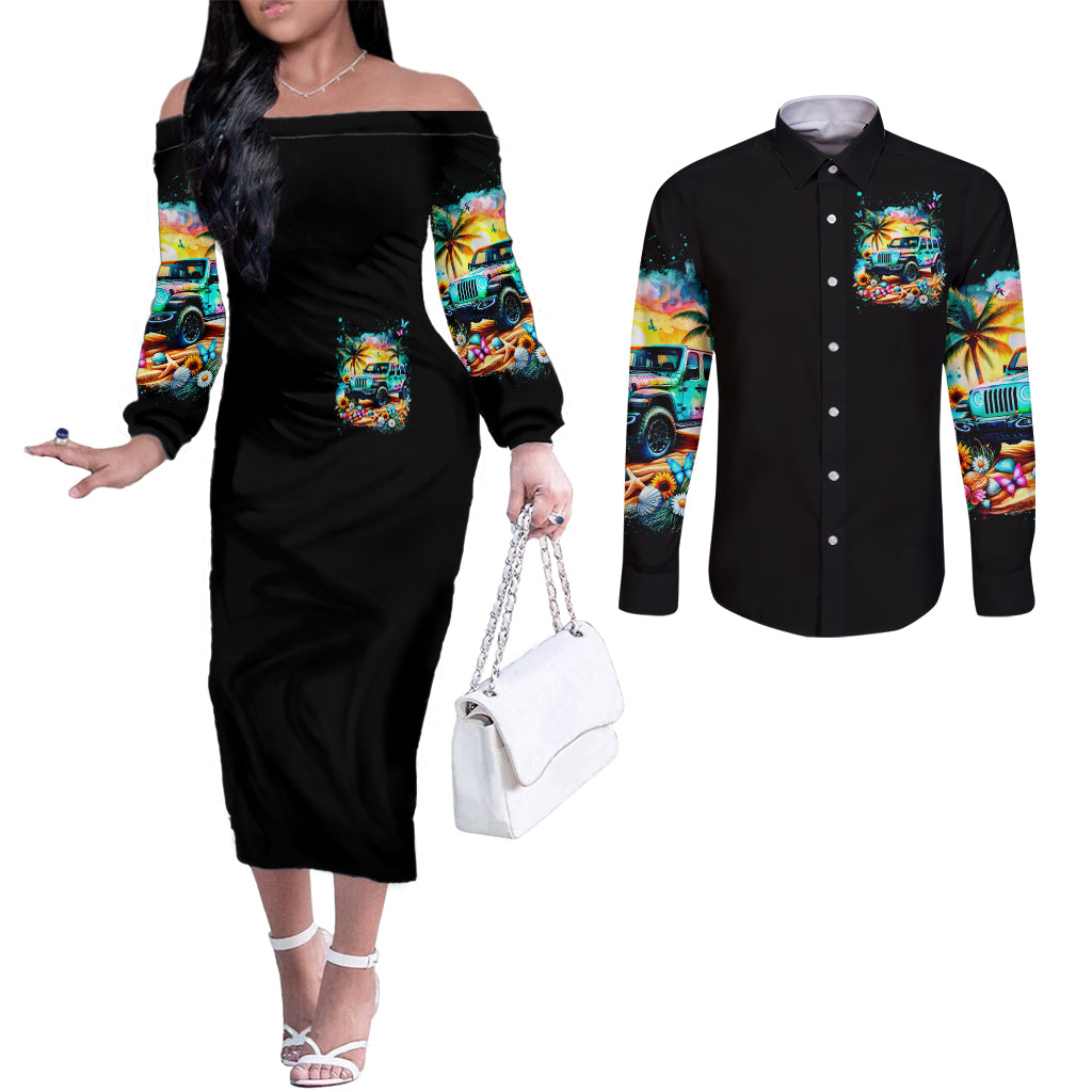 Beach Jeep Couples Matching Off The Shoulder Long Sleeve Dress and Long Sleeve Button Shirt Find Me Where The Jeep Meets The Ocean
