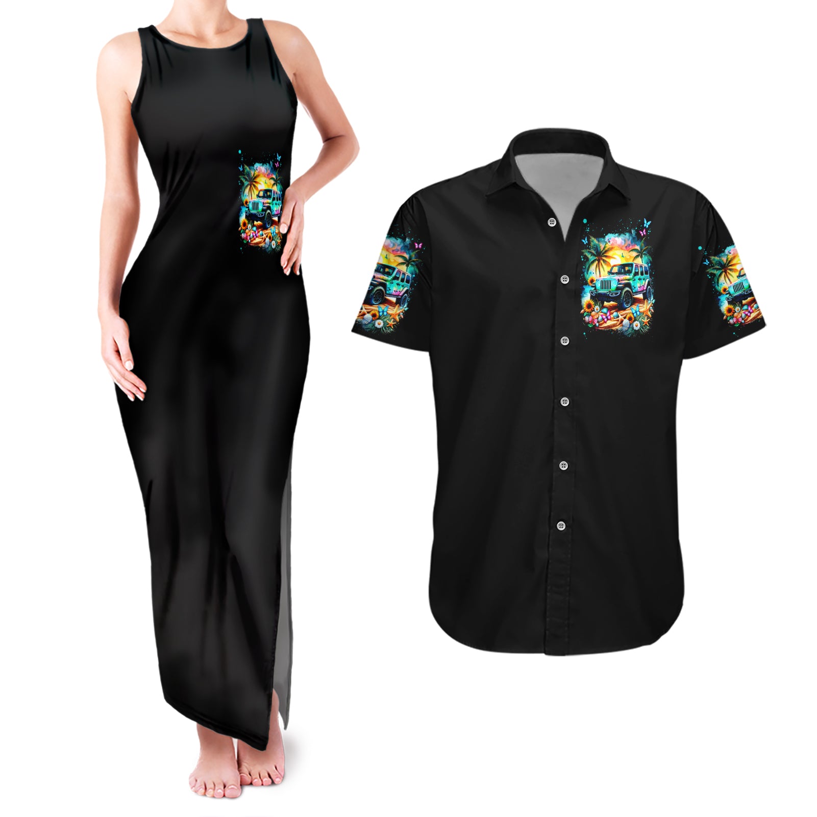 Beach Jeep Couples Matching Tank Maxi Dress and Hawaiian Shirt Find Me Where The Jeep Meets The Ocean