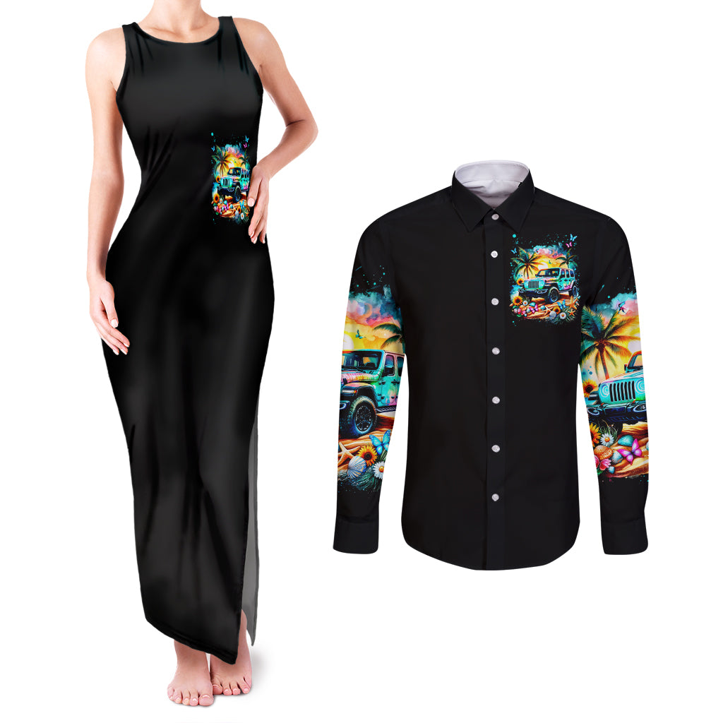 Beach Jeep Couples Matching Tank Maxi Dress and Long Sleeve Button Shirt Find Me Where The Jeep Meets The Ocean