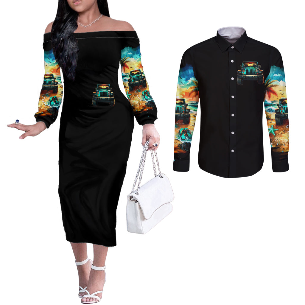 Beach Jeep Couples Matching Off The Shoulder Long Sleeve Dress and Long Sleeve Button Shirt Sunset Find Me Where The Jeep Meets The Ocean
