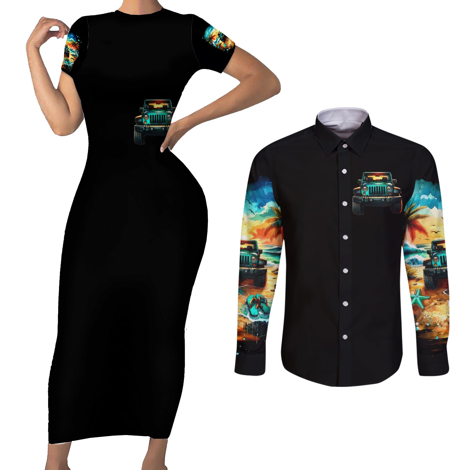 Beach Jeep Couples Matching Short Sleeve Bodycon Dress and Long Sleeve Button Shirt Sunset Find Me Where The Jeep Meets The Ocean