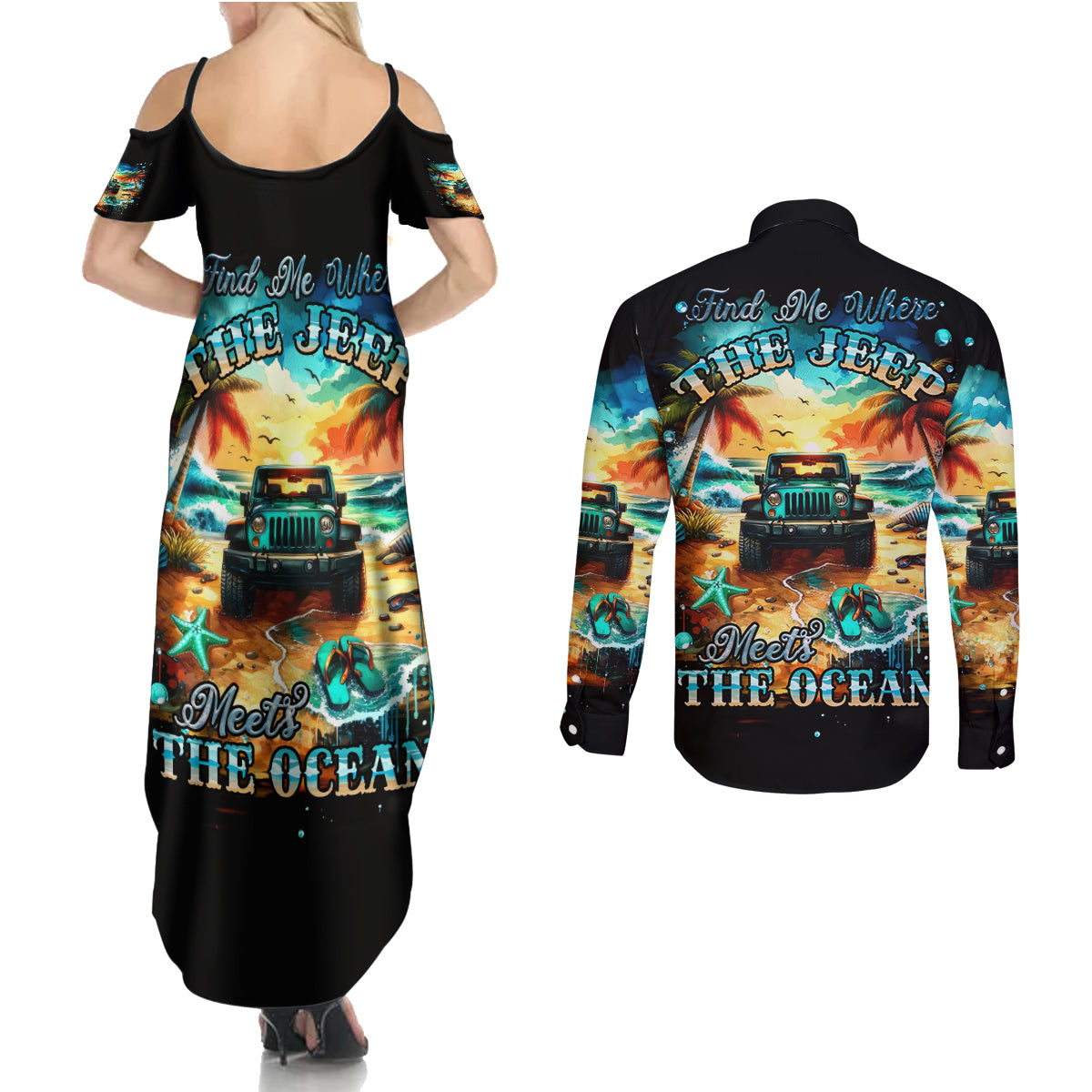 Beach Jeep Couples Matching Summer Maxi Dress and Long Sleeve Button Shirt Sunset Find Me Where The Jeep Meets The Ocean