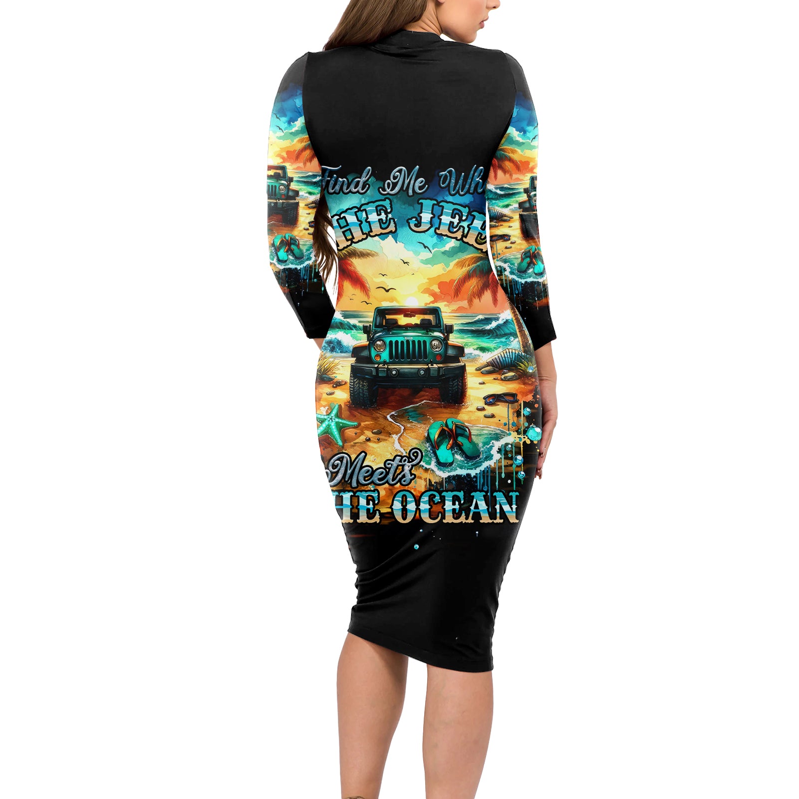 Beach Jeep Long Sleeve Bodycon Dress Sunset Find Me Where The Jeep Meets The Ocean