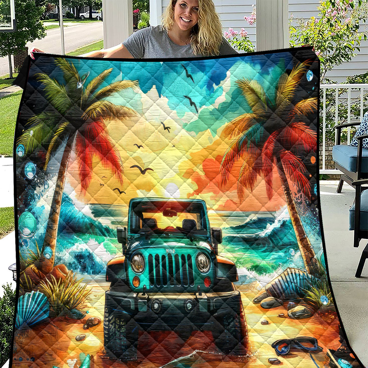Beach Jeep Quilt Sunset Find Me Where The Jeep Meets The Ocean