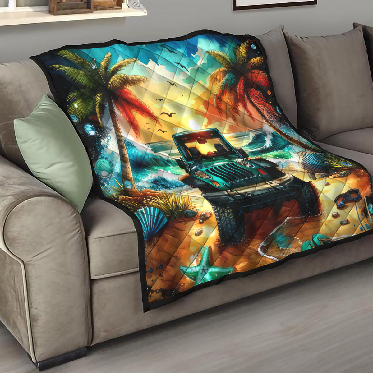 Beach Jeep Quilt Sunset Find Me Where The Jeep Meets The Ocean