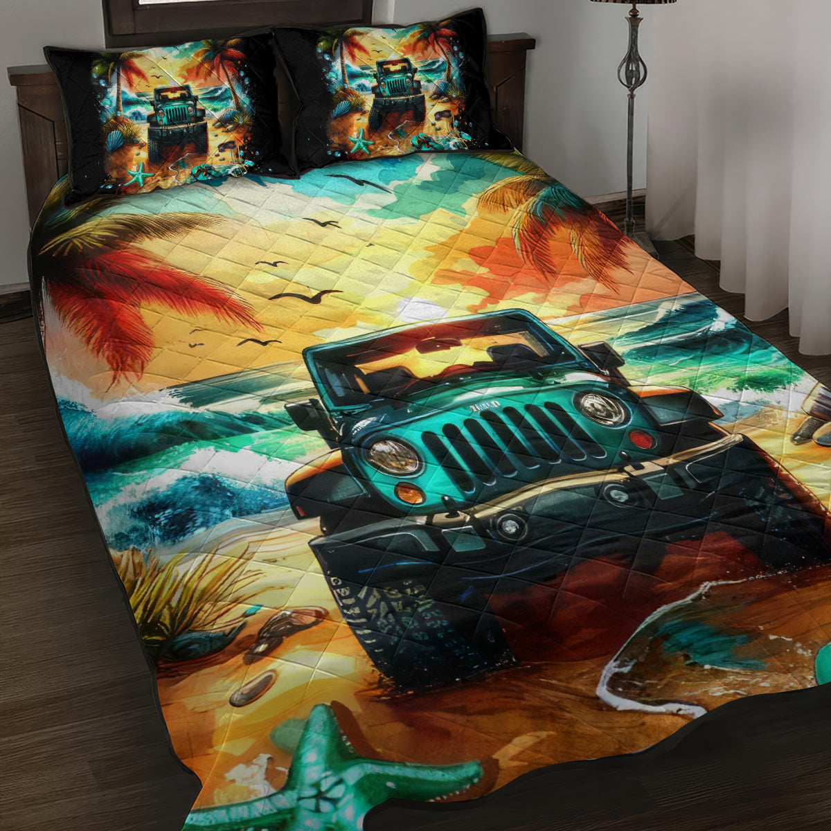 Beach Jeep Quilt Bed Set Sunset Find Me Where The Jeep Meets The Ocean