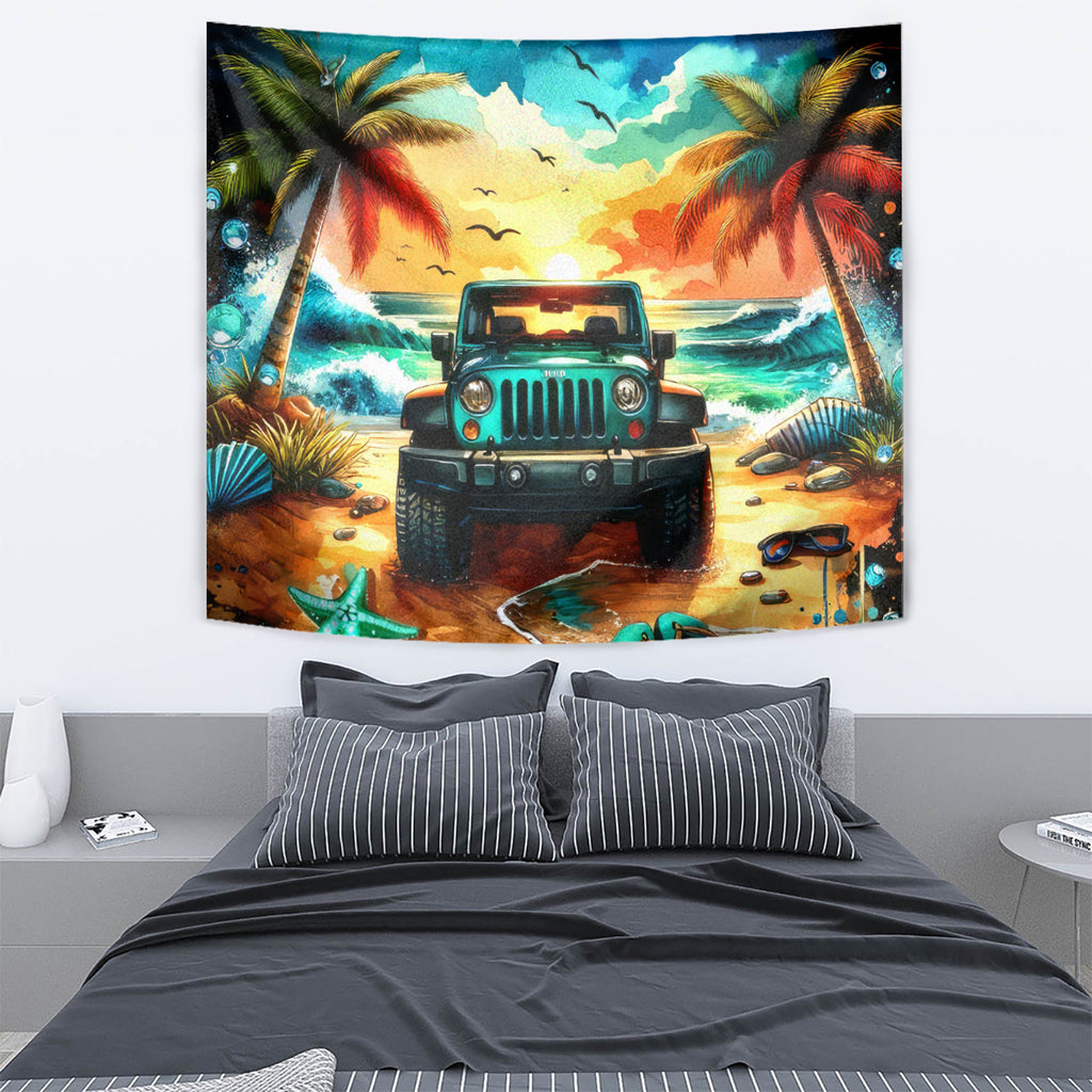 Beach Jeep Tapestry Sunset Find Me Where The Jeep Meets The Ocean