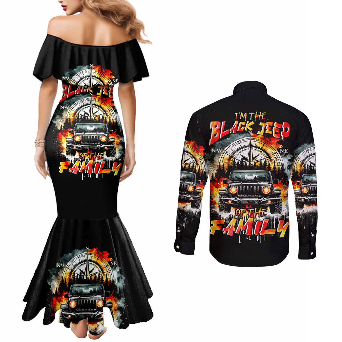 Black Jeep Couples Matching Mermaid Dress and Long Sleeve Button Shirt I'm The Black Jeep Of The Family