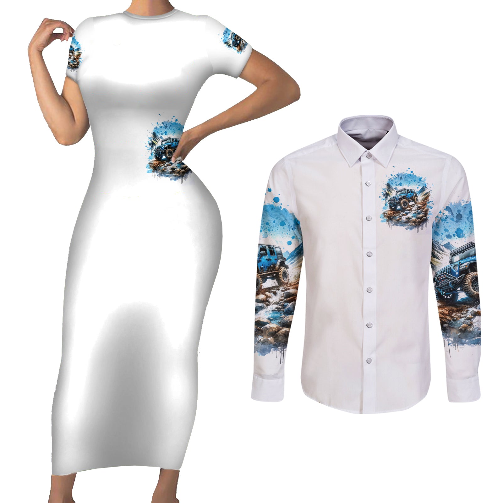 Mountain Jeep Couples Matching Short Sleeve Bodycon Dress and Long Sleeve Button Shirt Because I'm Too Lazy To Ride A Mountain Bike