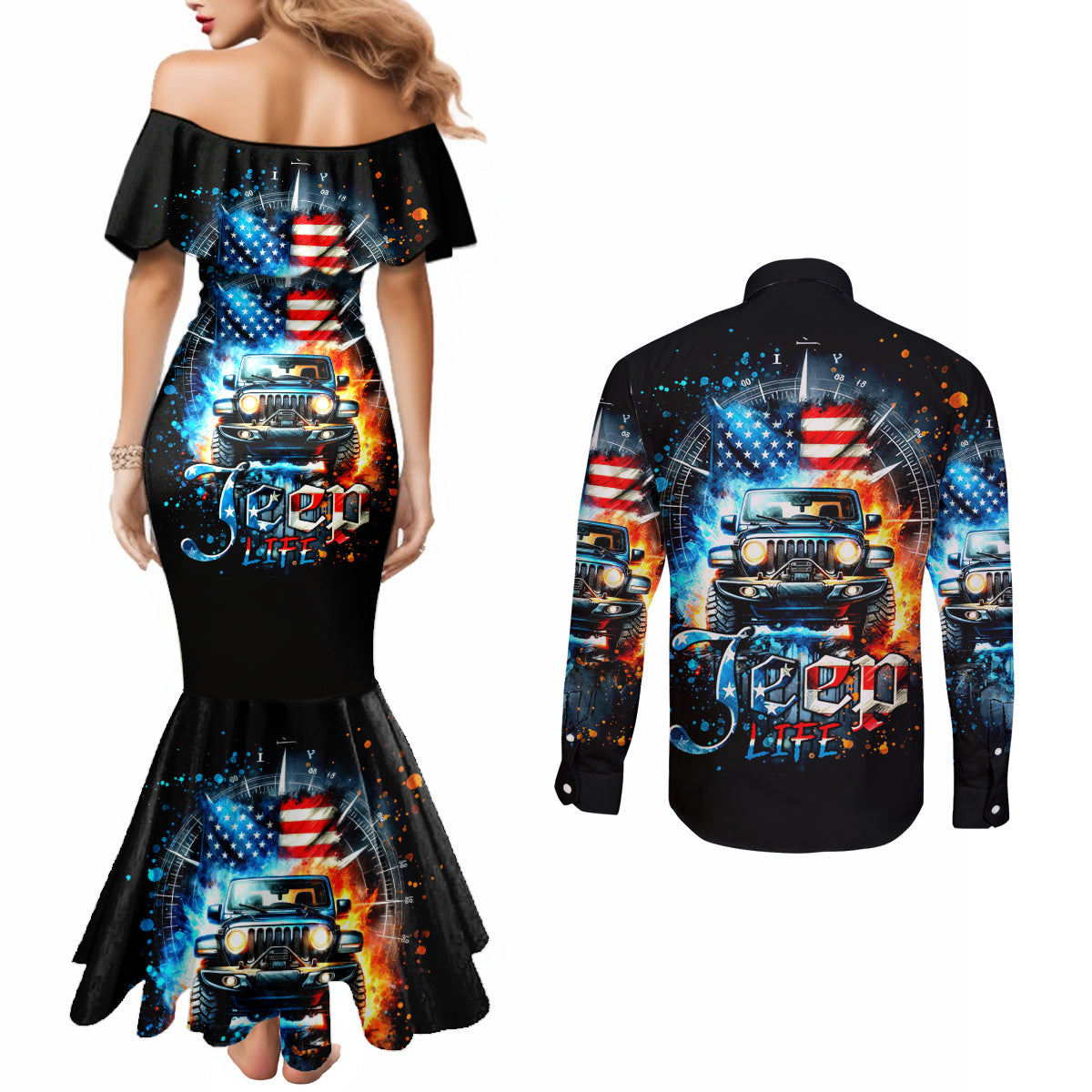 Fire Jeep Couples Matching Mermaid Dress and Long Sleeve Button Shirt American Jeep Life