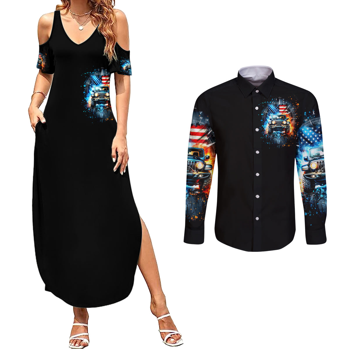 Fire Jeep Couples Matching Summer Maxi Dress and Long Sleeve Button Shirt American Jeep Life