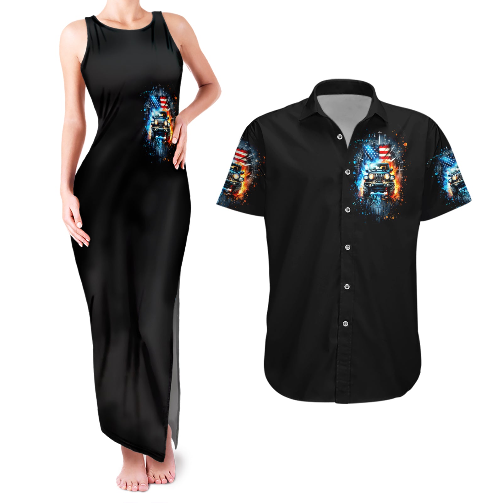 Fire Jeep Couples Matching Tank Maxi Dress and Hawaiian Shirt American Jeep Life
