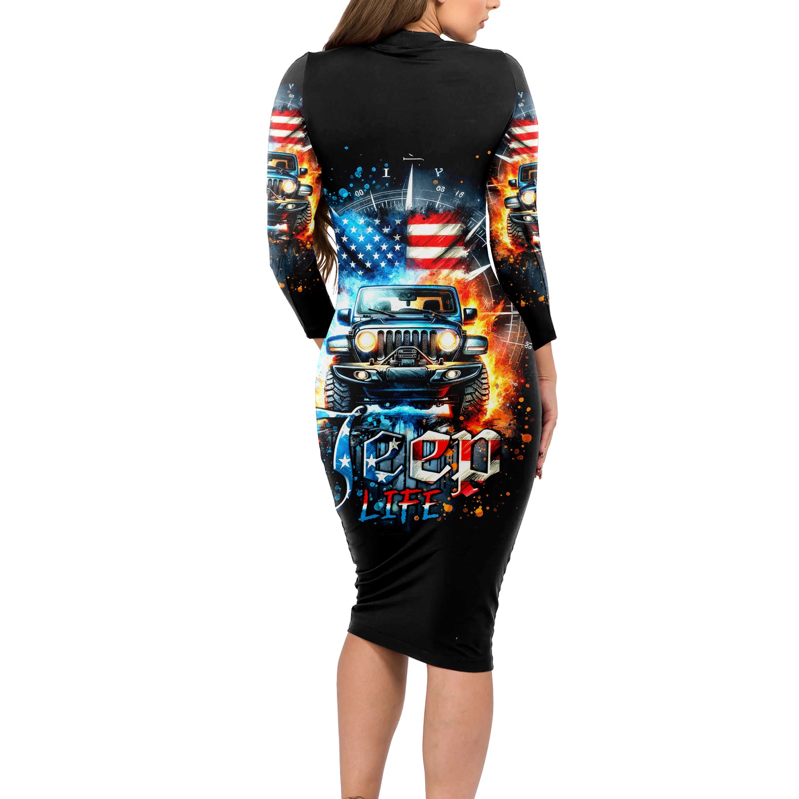 Fire Jeep Long Sleeve Bodycon Dress American Jeep Life