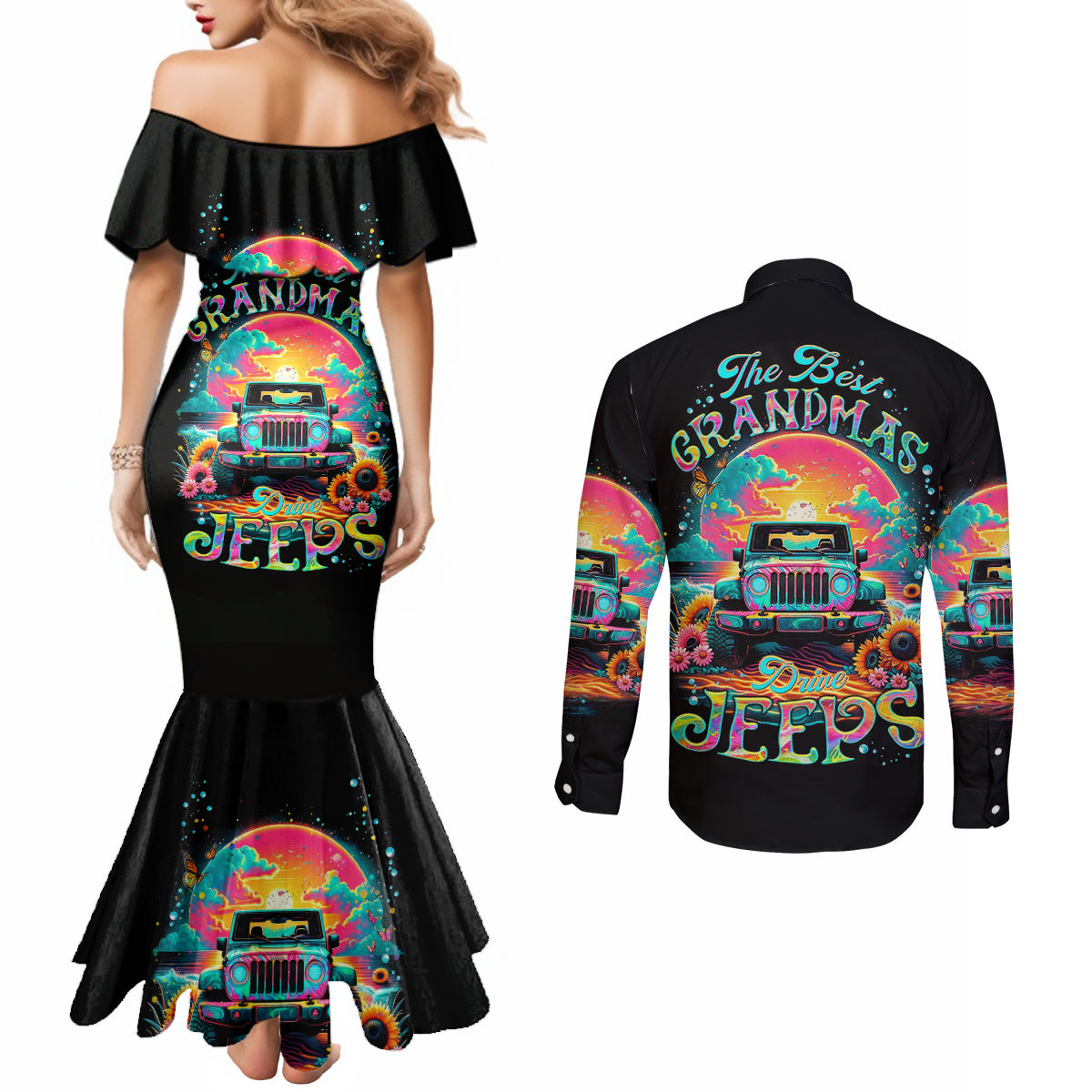 Beach Jeep Couples Matching Mermaid Dress and Long Sleeve Button Shirt The Best Grandmas Drive Jeeps