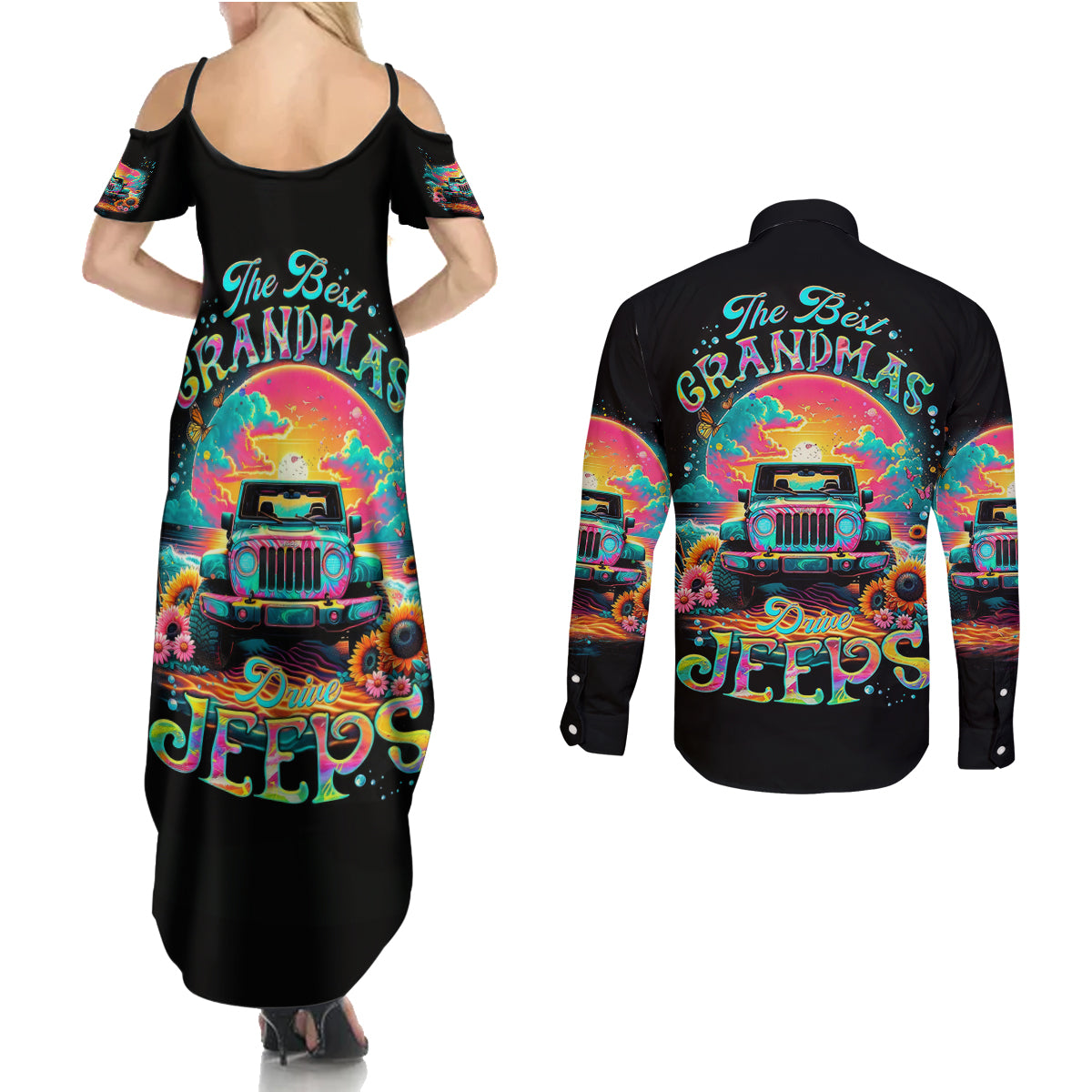 Beach Jeep Couples Matching Summer Maxi Dress and Long Sleeve Button Shirt The Best Grandmas Drive Jeeps