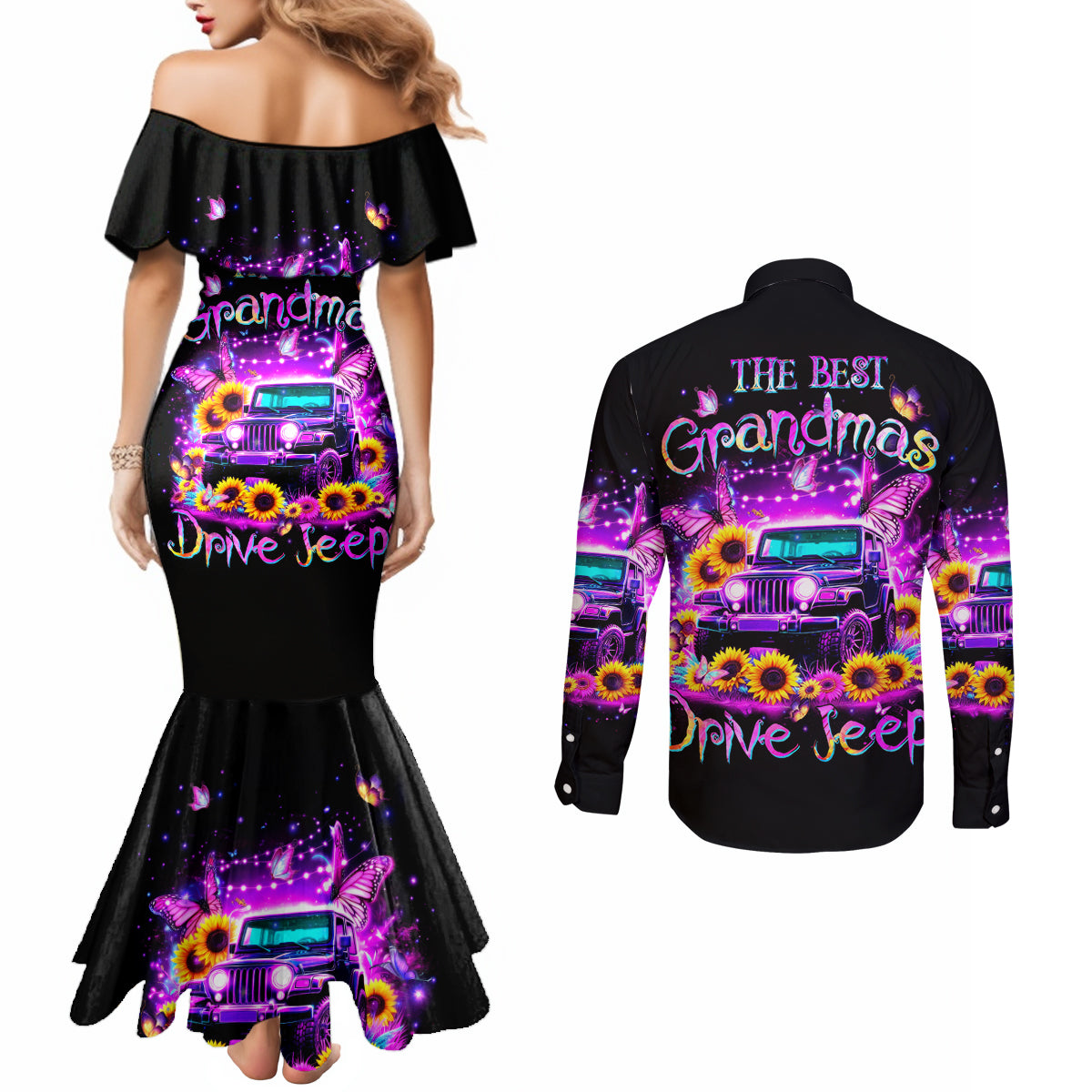 Buffterfly Jeep Couples Matching Mermaid Dress and Long Sleeve Button Shirt The Best Grandmas Drive Jeeps
