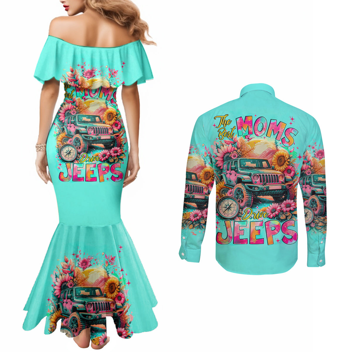 Flower Jeep Couples Matching Mermaid Dress and Long Sleeve Button Shirt The Best Moms Drive Jeeps