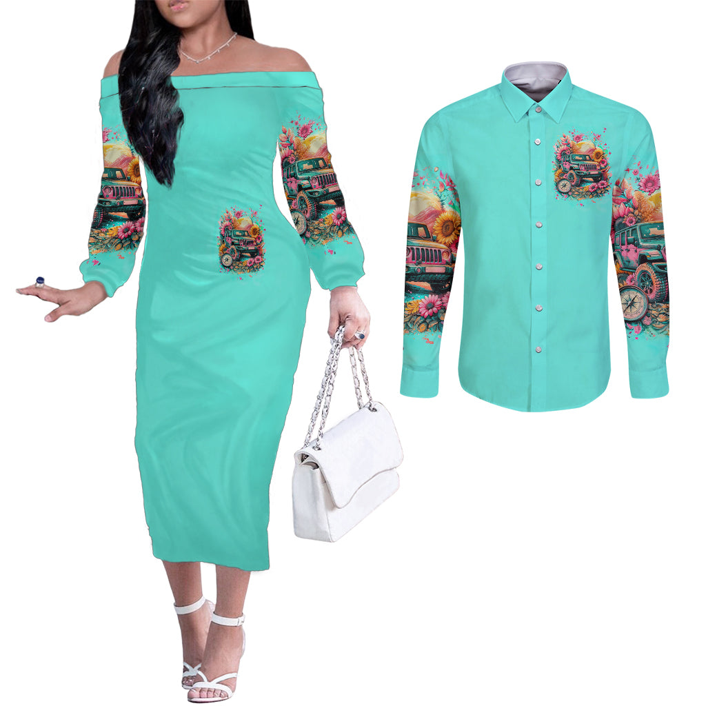 Flower Jeep Couples Matching Off The Shoulder Long Sleeve Dress and Long Sleeve Button Shirt The Best Moms Drive Jeeps