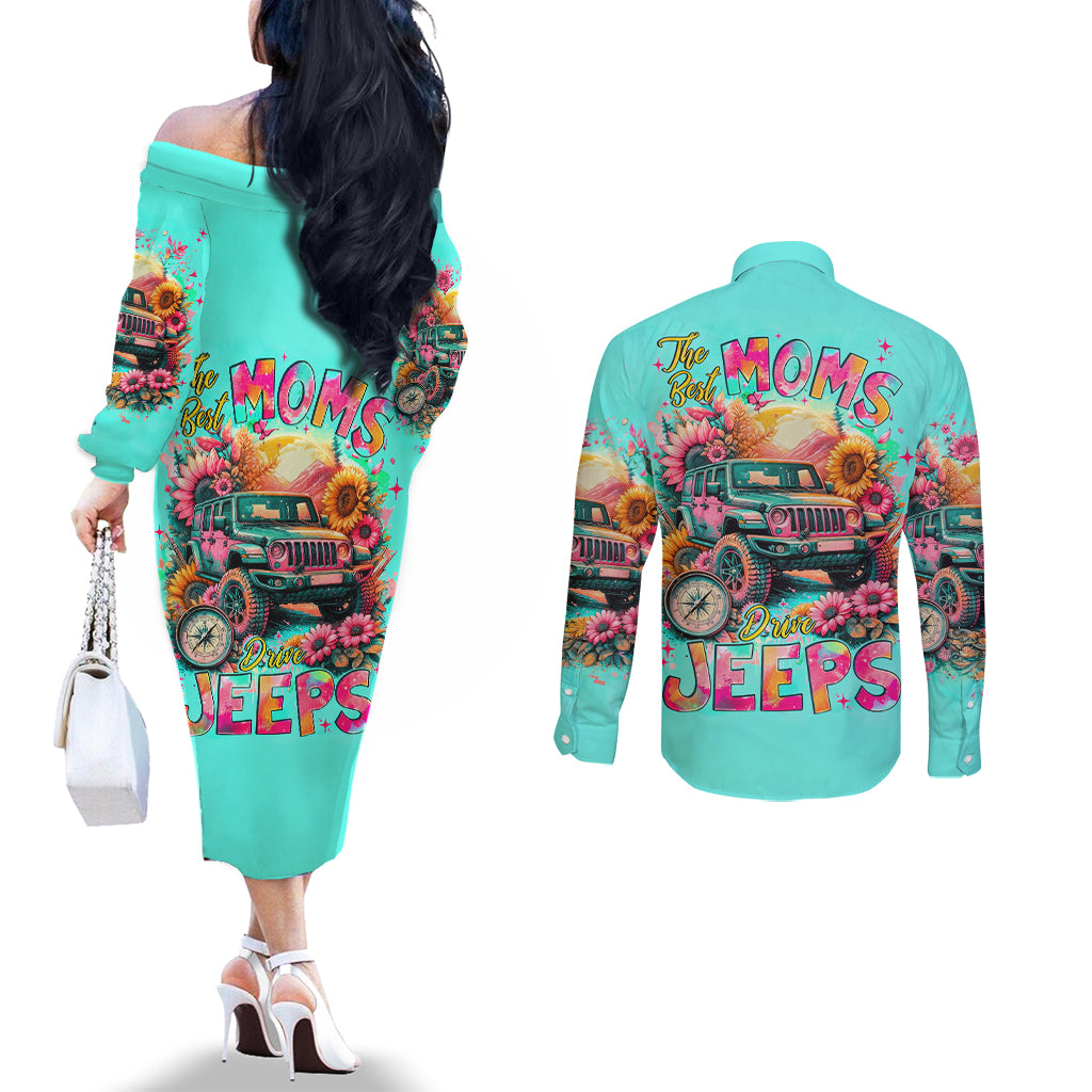 Flower Jeep Couples Matching Off The Shoulder Long Sleeve Dress and Long Sleeve Button Shirt The Best Moms Drive Jeeps