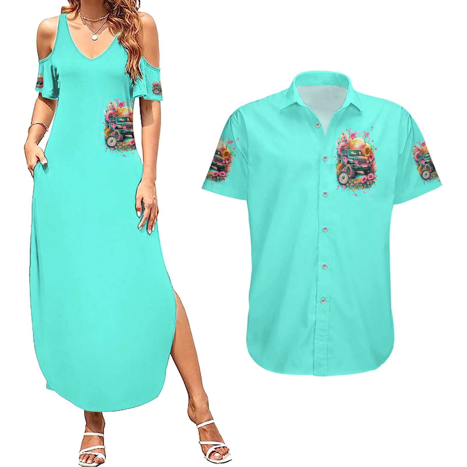 Flower Jeep Couples Matching Summer Maxi Dress and Hawaiian Shirt The Best Moms Drive Jeeps