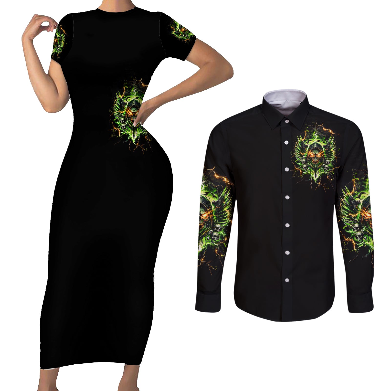 Doule Skull Couples Matching Short Sleeve Bodycon Dress and Long Sleeve Button Shirt Angel To Some Demon To Most